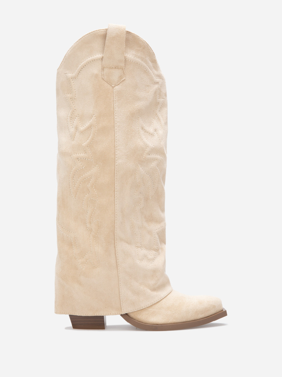 Bottes santiags en suédine beige avec revers