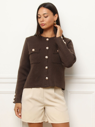 Cardigan marron à poches et boutons dorés