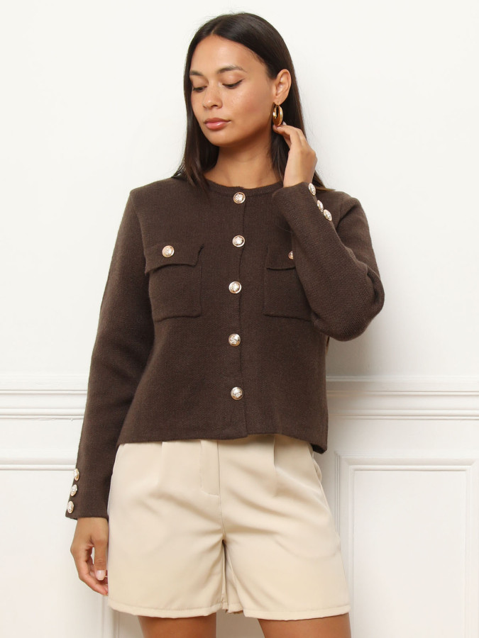 Cardigan marron à poches et boutons dorés