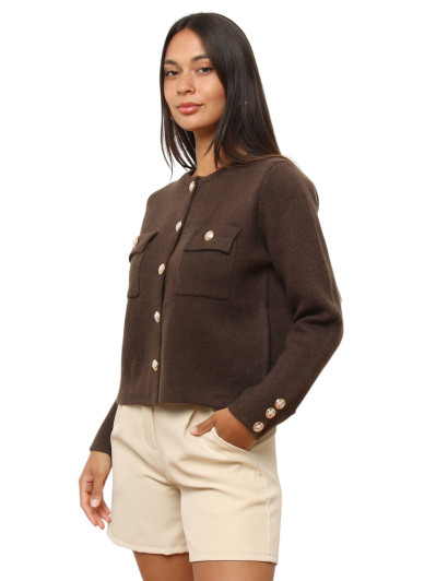 Cardigan marron à poches et boutons dorés