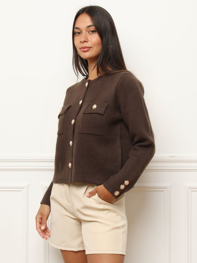 Cardigan marron à poches et boutons dorés