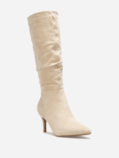 Bottes plissée en suédine beige à talon aiguille