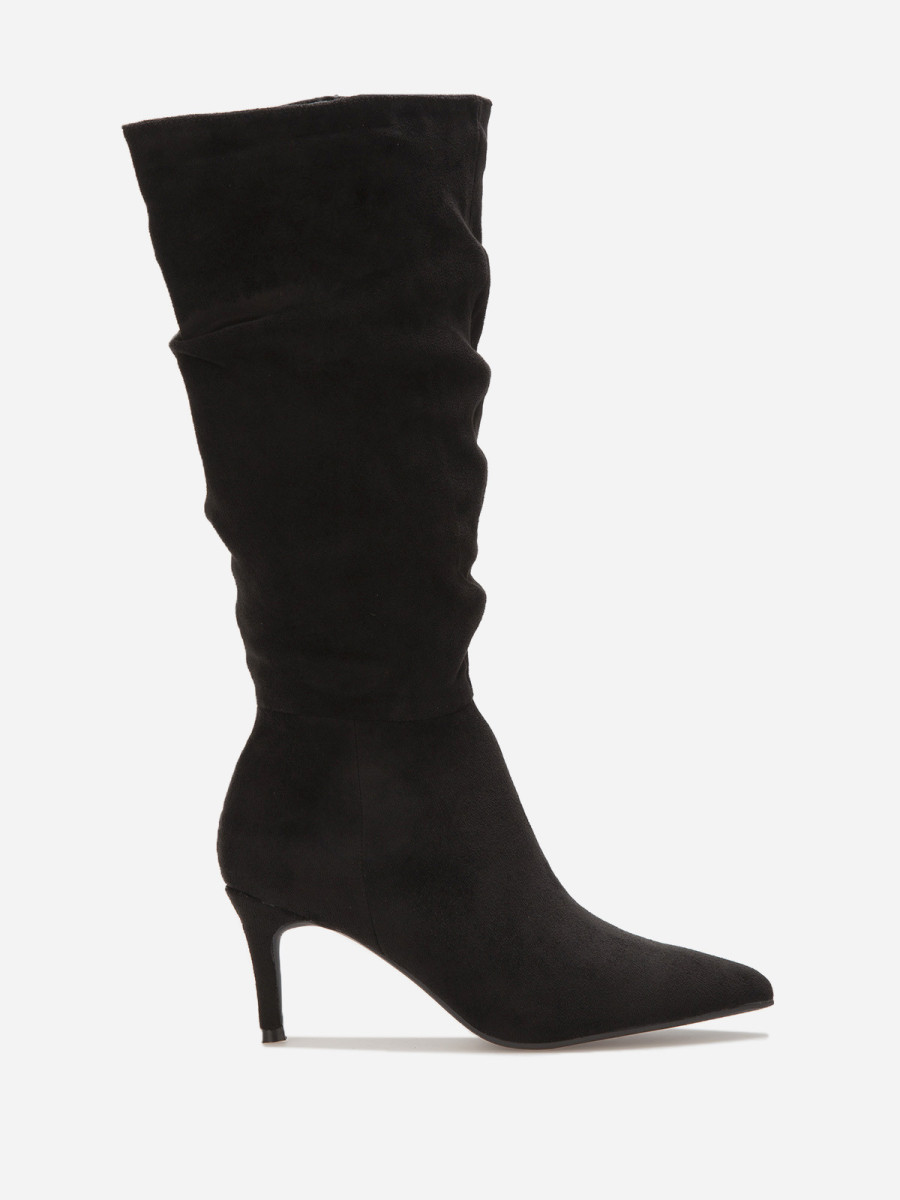 Bottes plissée en suédine noire à talon aiguille
