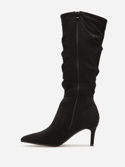 Bottes plissée en suédine noire à talon aiguille