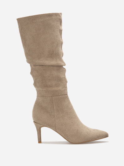 Bottes plissée en suédine taupe à talon aiguille
