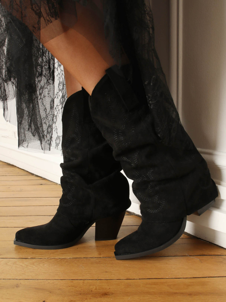 Santiags mi-hautes noires à revers avec motifs