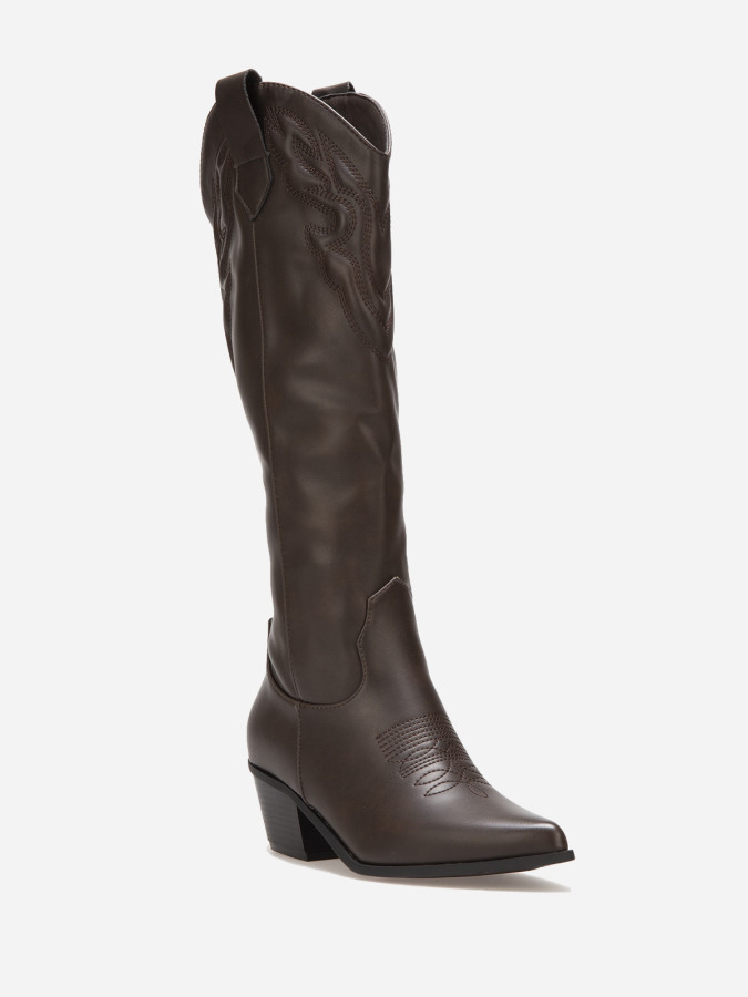 Santiags hautes marron en simili avec surpiqûres