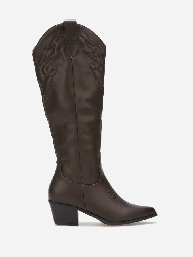 Santiags hautes marron en simili avec surpiqûres