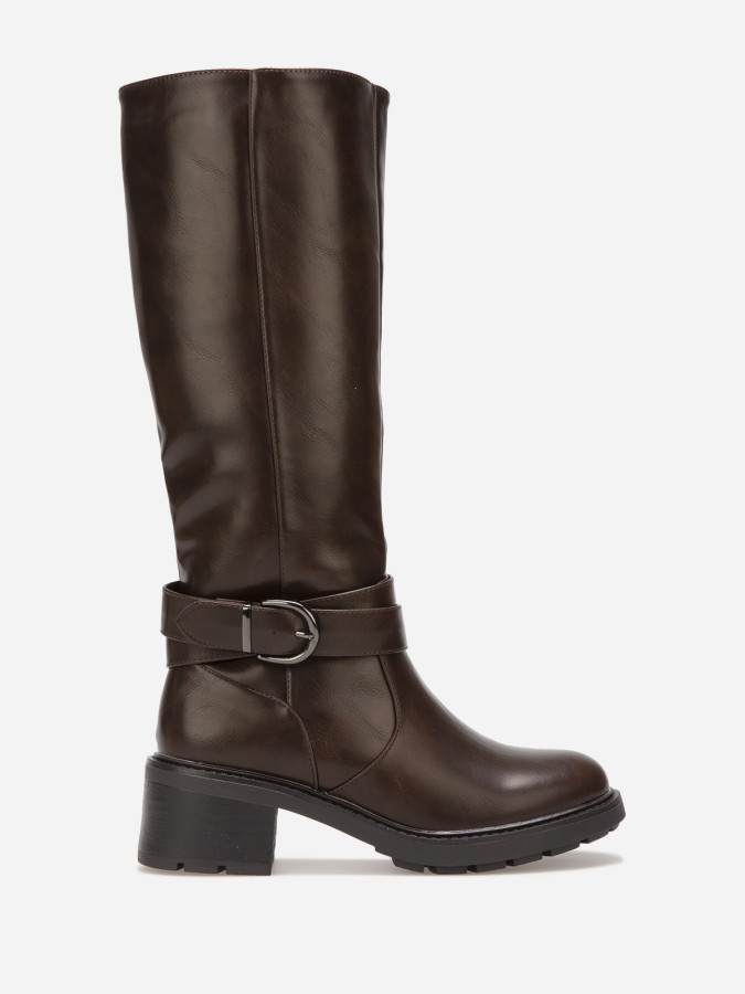 Bottes marron à talon et bride ceinture