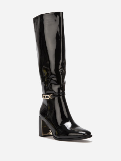 Bottes vernies noires à talon et détail dorés