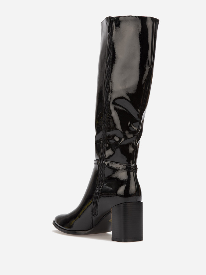 Bottes vernies noires à talon et détail dorés