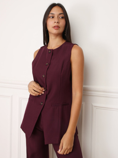 Gilet long sans manches bordeaux à boutons