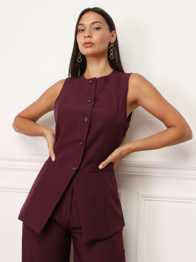 Gilet long sans manches bordeaux à boutons
