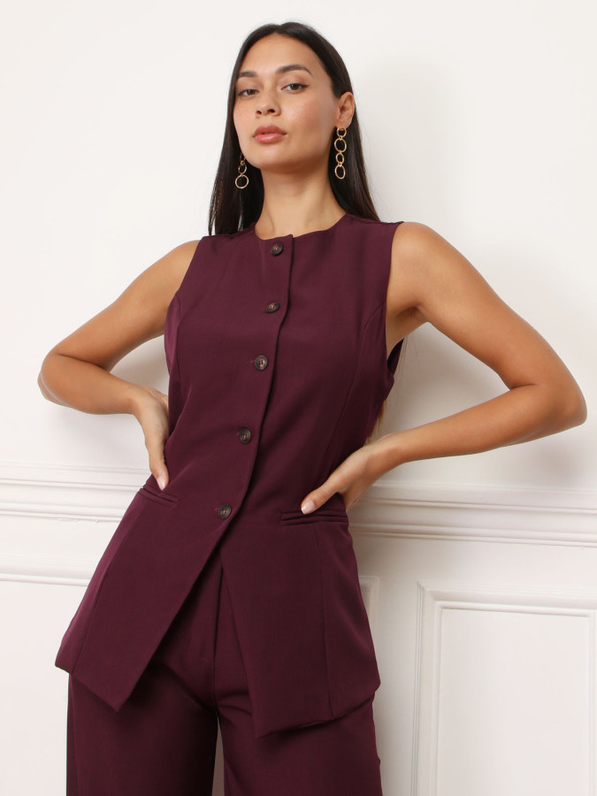 Gilet long sans manches bordeaux à boutons