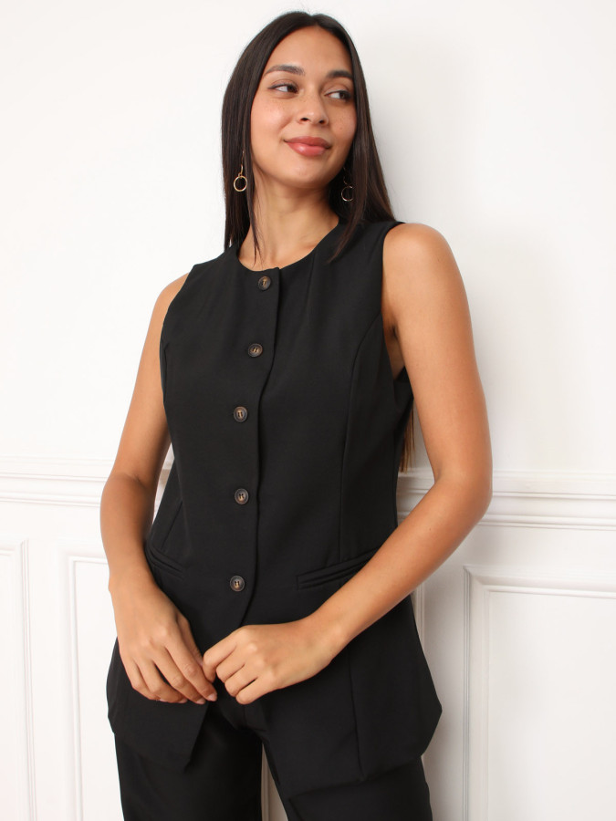 Gilet long sans manches noir à boutons