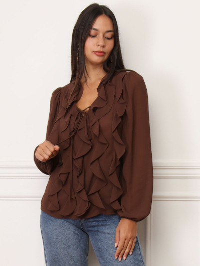 Blouse marron à volants et manches bouffantes