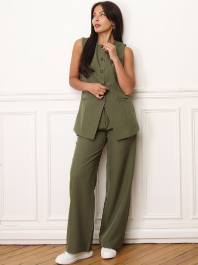 Gilet long sans manches kaki à boutons