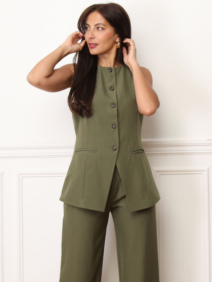 Gilet long sans manches kaki à boutons