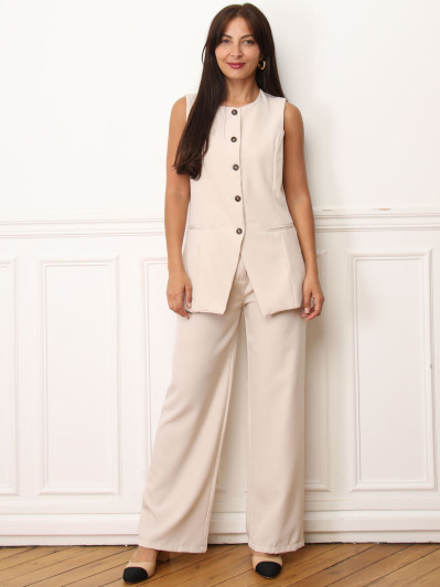 Gilet long sans manches beige à boutons