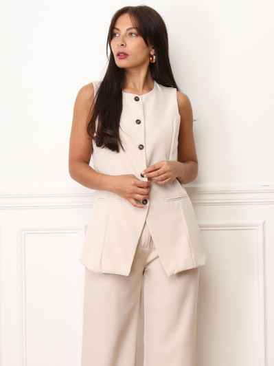 Gilet long sans manches beige à boutons