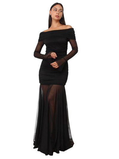 Robe bardot drapée en tulle noire