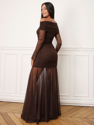 Robe bardot drapée en tulle marron