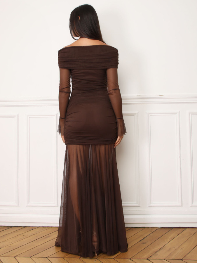 Robe bardot drapée en tulle marron
