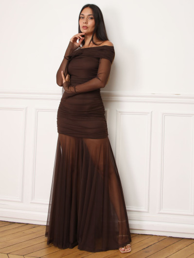 Robe bardot drapée en tulle marron