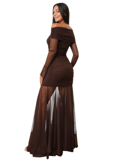 Robe bardot drapée en tulle marron
