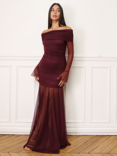 Robe bardot drapée en tulle bordeaux