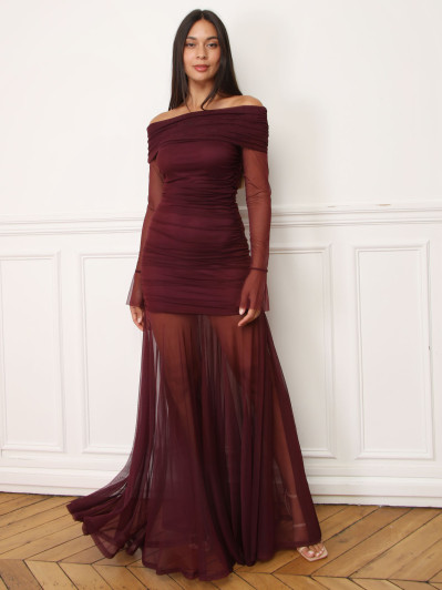 Robe bardot drapée en tulle bordeaux