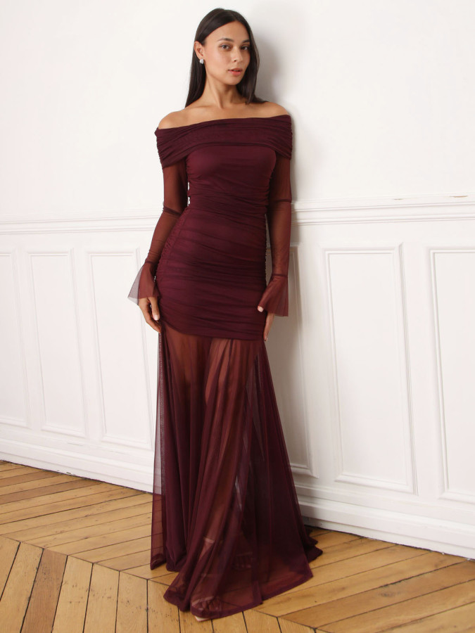 Robe bardot drapée en tulle bordeaux
