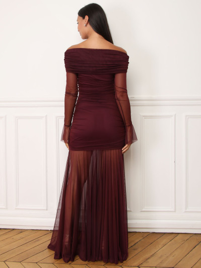 Robe bardot drapée en tulle bordeaux
