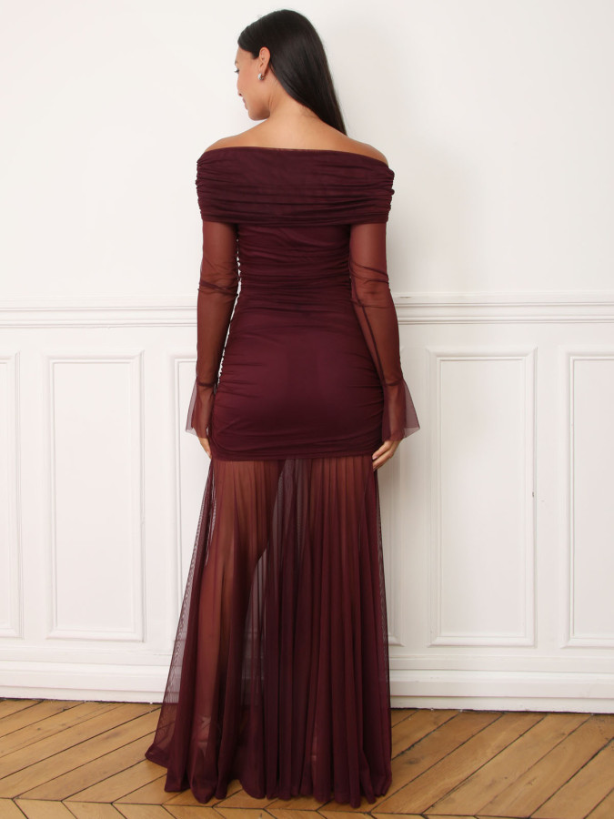 Robe bardot drapée en tulle bordeaux