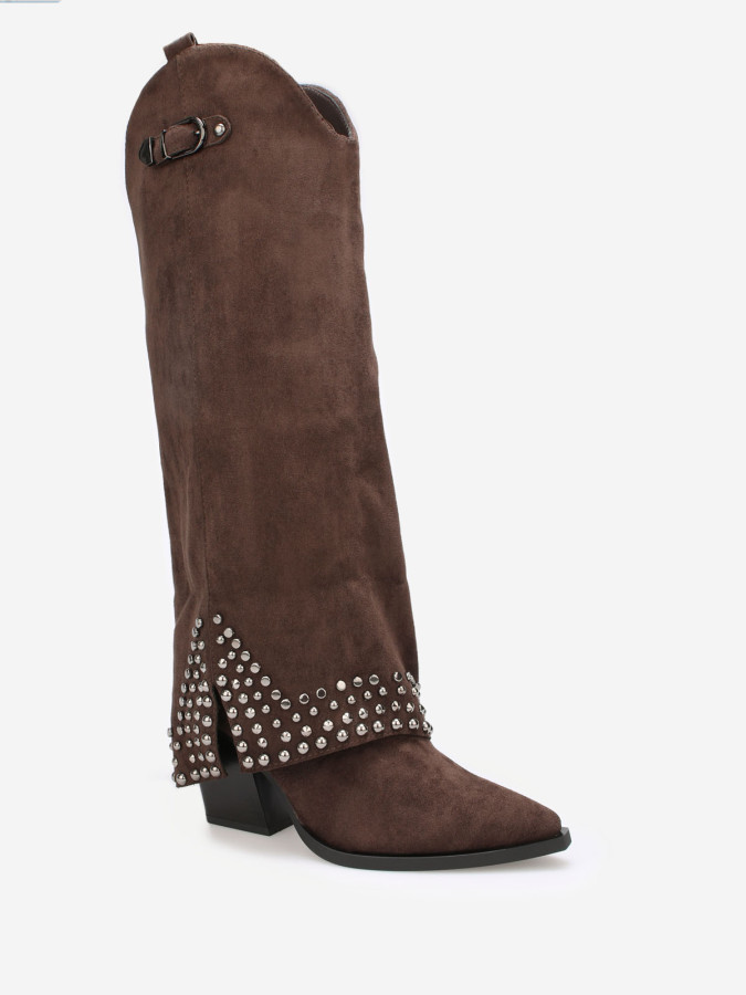 Bottes guêtres en suédine cloutée marron