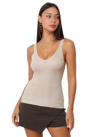 Débardeur en maille côtelée scintillante beige