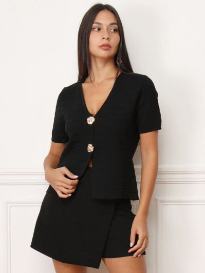 Top texturé noir à boutons dorés
