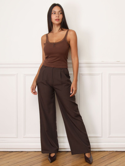 Débardeur maille côtelée et dentelle marron