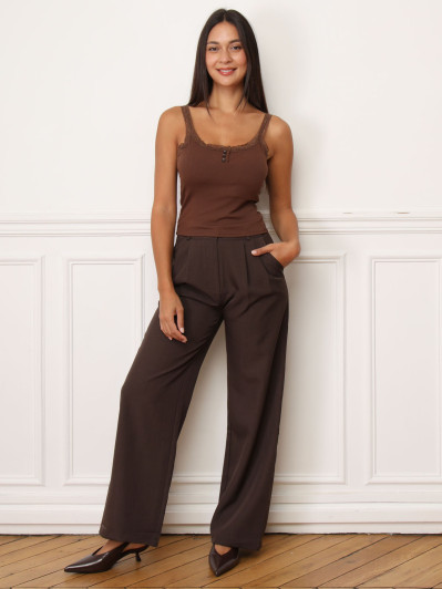 Débardeur maille côtelée et dentelle marron