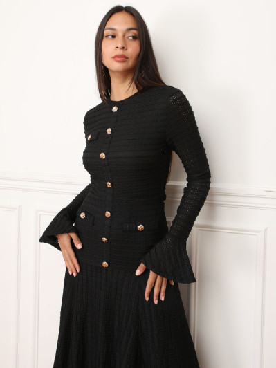 Robe évasée noire en maille ajourée et à boutons
