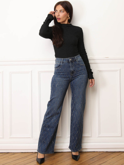 Jeans droit bleu foncé à losanges en strass