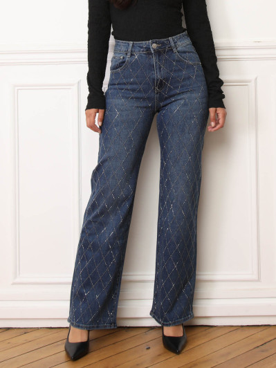 Jeans droit bleu foncé à losanges en strass