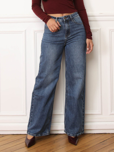 Jeans droit basique à taille haute bleu