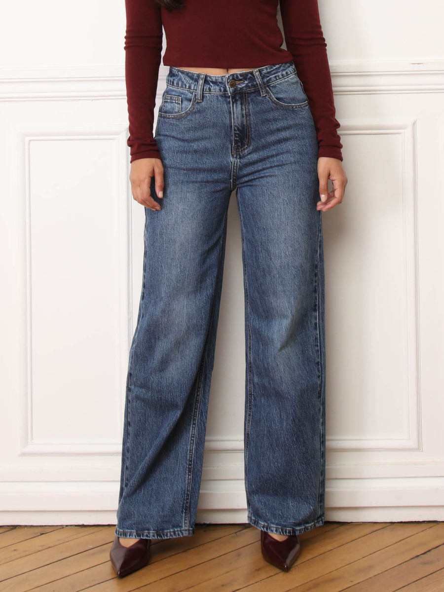 Jeans droit basique à taille haute bleu