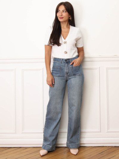 Jeans droit bleu à poches plaquées
