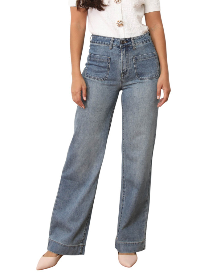 Jeans droit bleu à poches plaquées