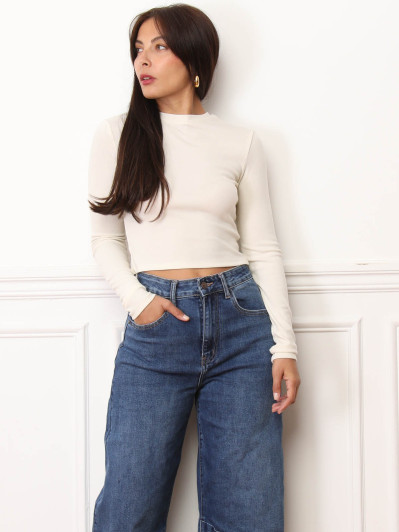 Crop top basique à manches longues blanc cassé