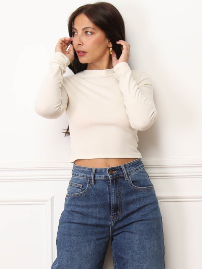 Crop top basique à manches longues blanc cassé