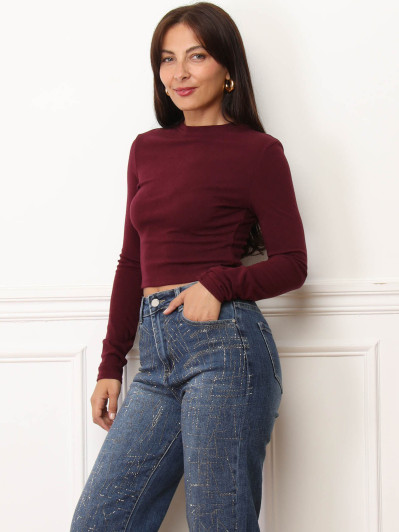 Crop top basique à manches longues bordeaux