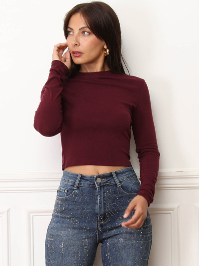 Crop top basique à manches longues bordeaux